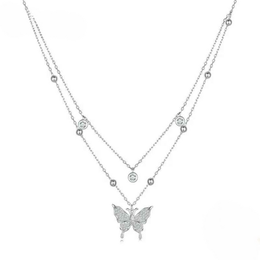 Colar Duplo com Pingente Borboleta Prata 925