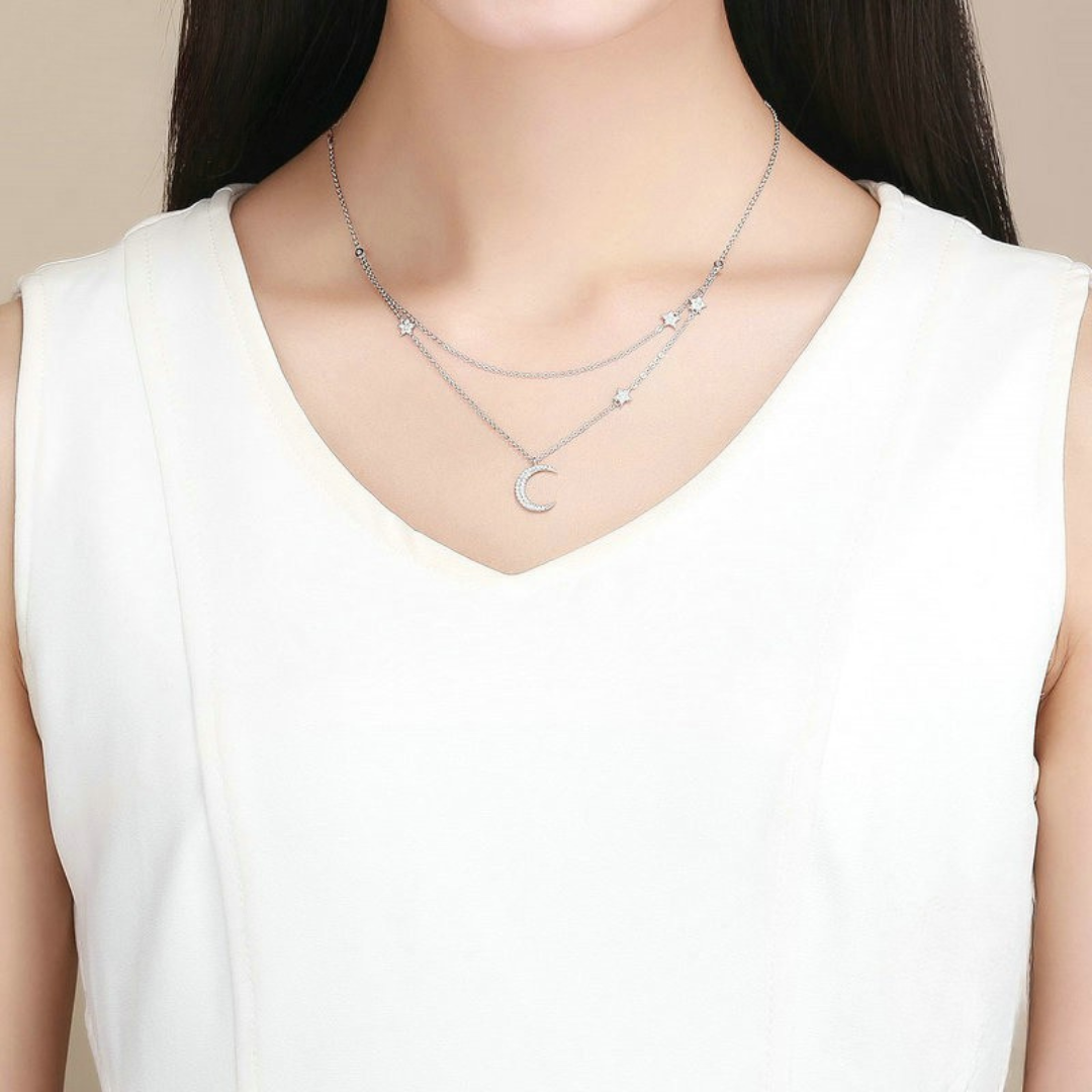 Colar Duplo Lua e Estrela – Prata 925 com zircônia