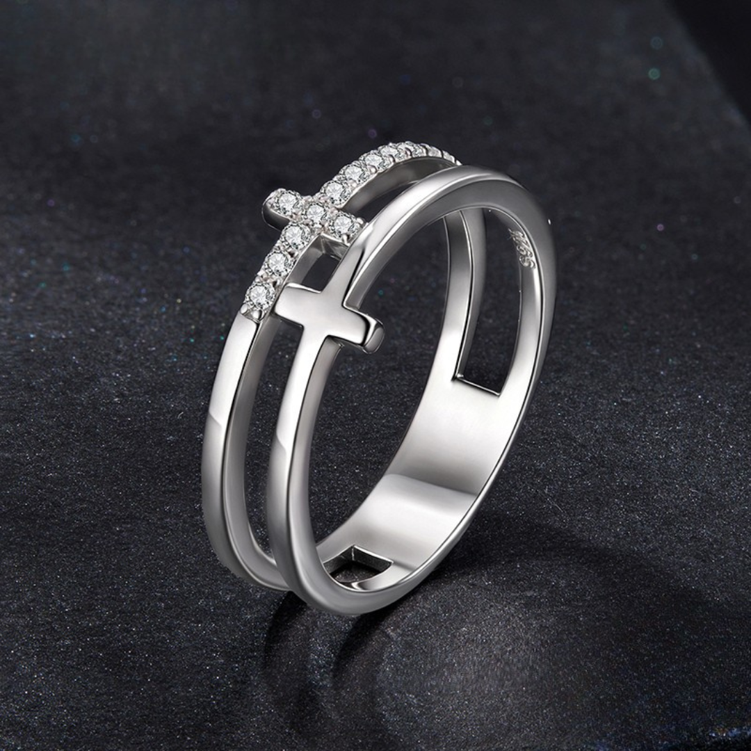 Anel Cruz Dupla com Moissanite Prata 925