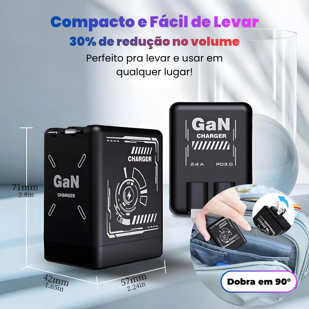 Carregador Ultra Rápido PowerBox GaN 20W - USB Duplo e Retráteis