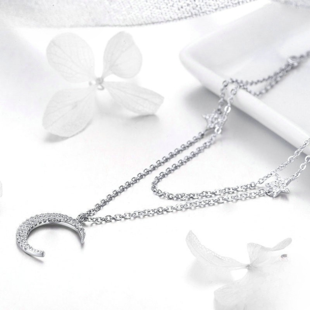 Colar Duplo Lua e Estrela – Prata 925 com zircônia