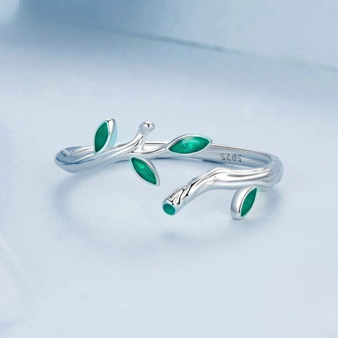 Anel Galho com Folhas Verdes Prata 925
