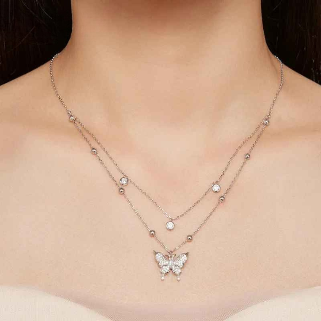 Colar Duplo com Pingente Borboleta Prata 925