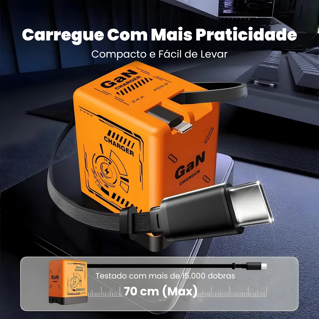 Carregador Ultra Rápido PowerBox GaN 20W - USB Duplo e Retráteis
