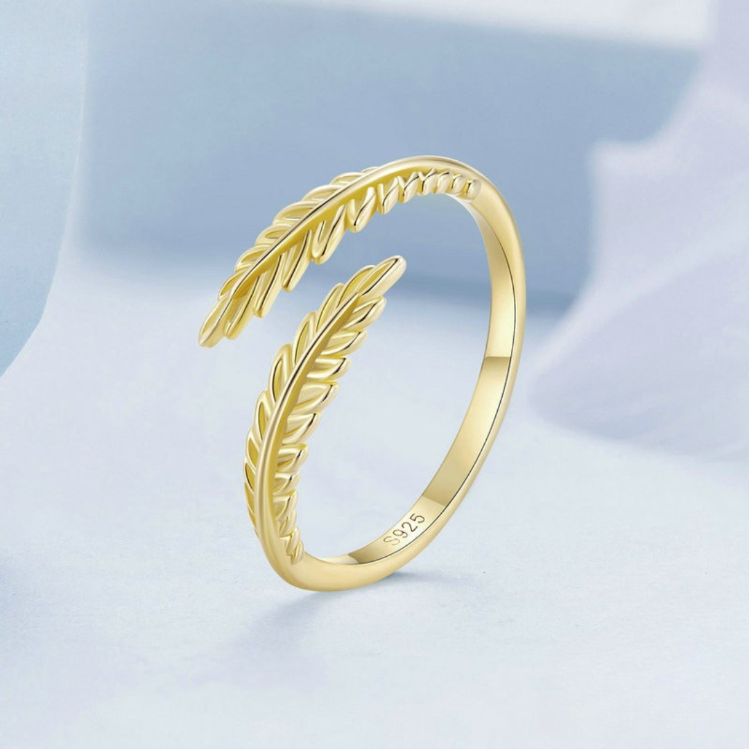 Anel Folhas Douradas Prata 925