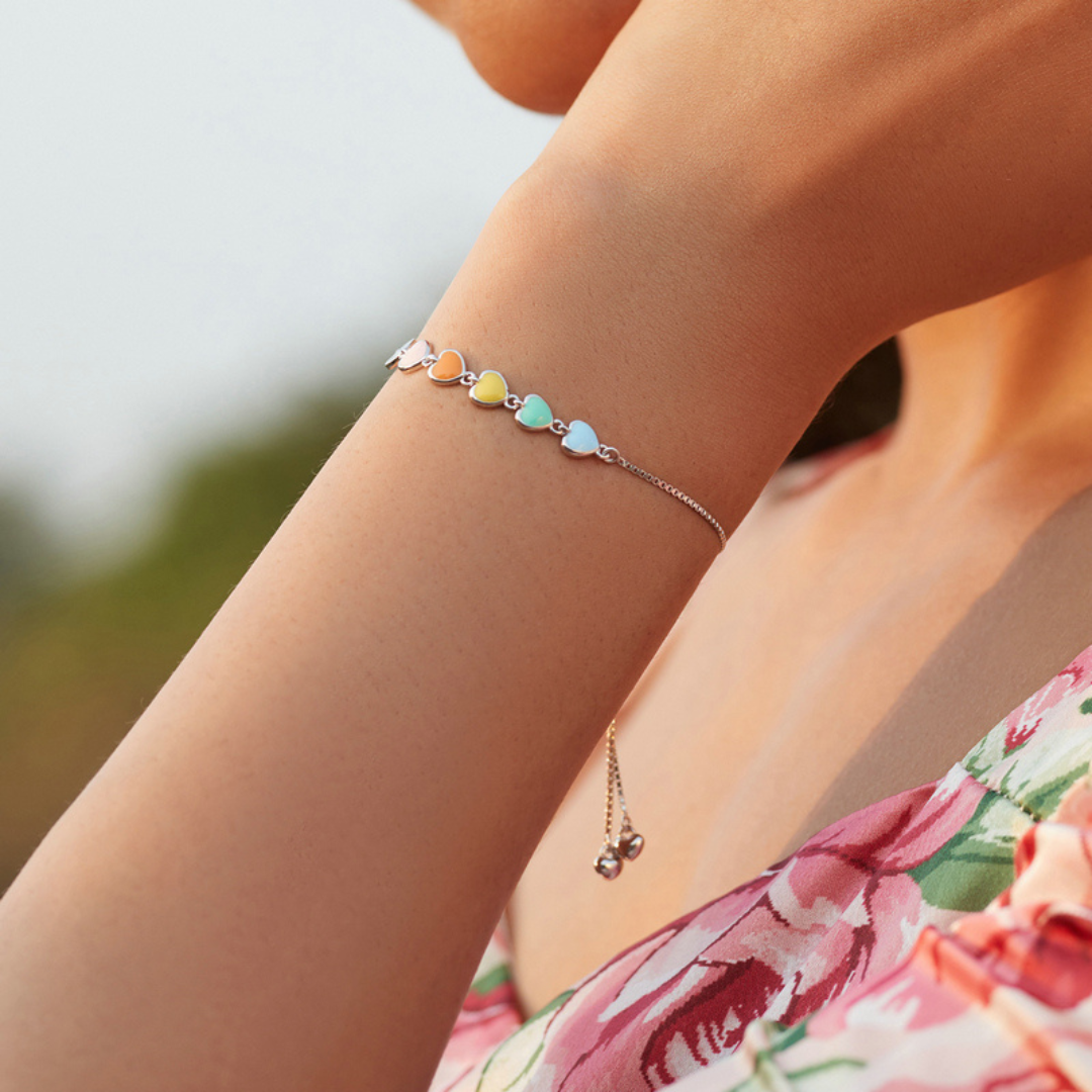 Pulseira Corações Coloridos Prata 925