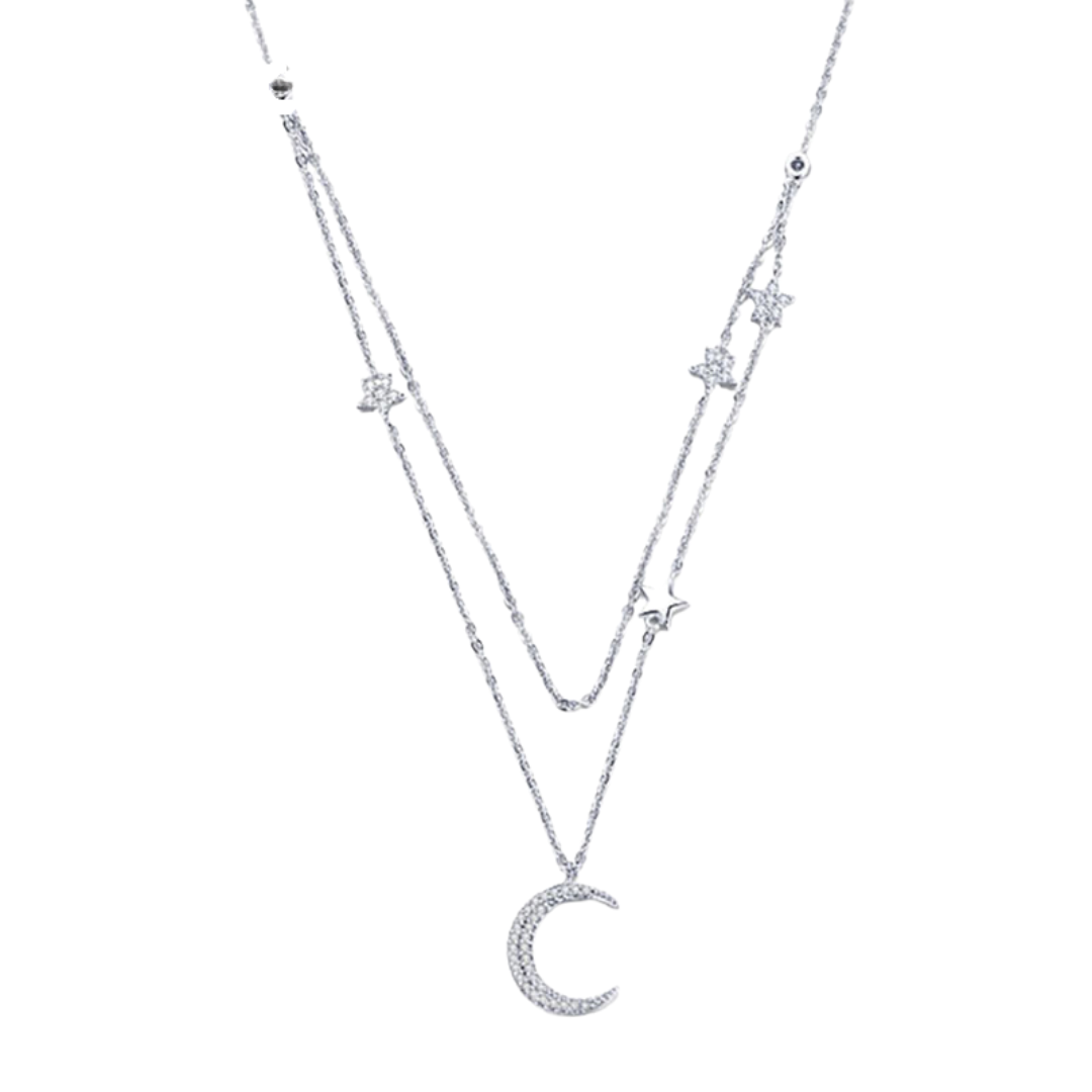 Colar Duplo Lua e Estrela – Prata 925 com zircônia