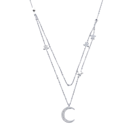 Colar Duplo Lua e Estrela – Prata 925 com zircônia