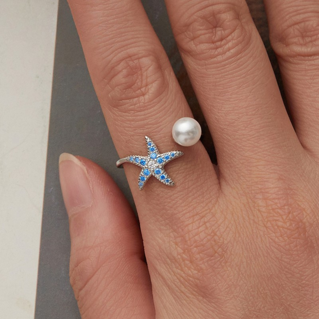 Anel Estrela do Mar com Pérola em prata 925
