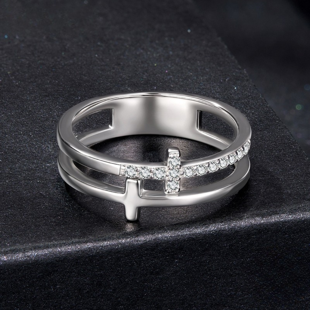Anel Cruz Dupla com Moissanite Prata 925