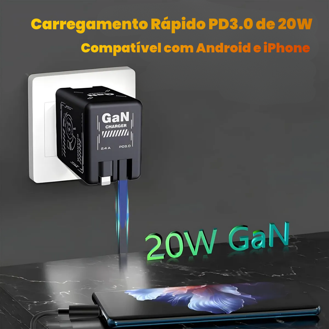 Carregador Ultra Rápido PowerBox GaN 20W - USB Duplo e Retráteis