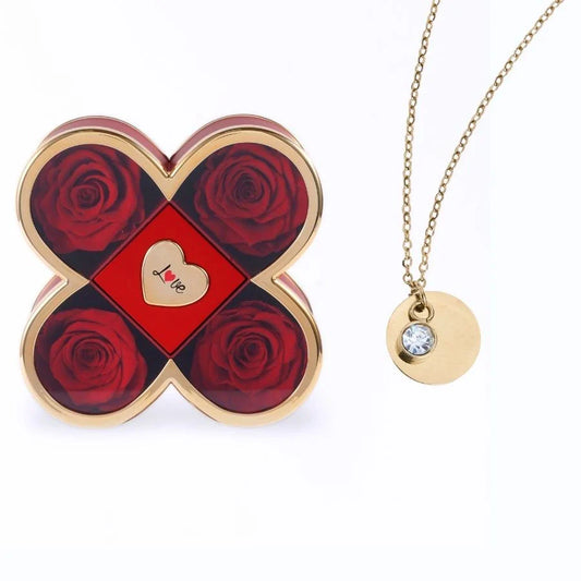 Caixa Amor de Quatro Rosas & Colar Gravado