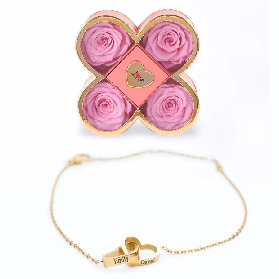 Caixa Amor de Quatro Rosas & Pulseira Personalizada
