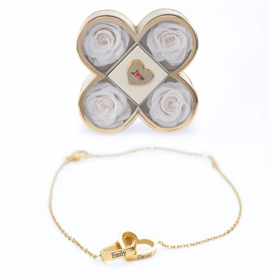 Caixa Amor de Quatro Rosas & Pulseira Personalizada