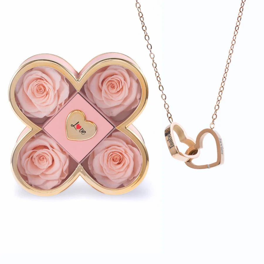 Caixa Amor de Quatro Rosas & Colar Personalizado