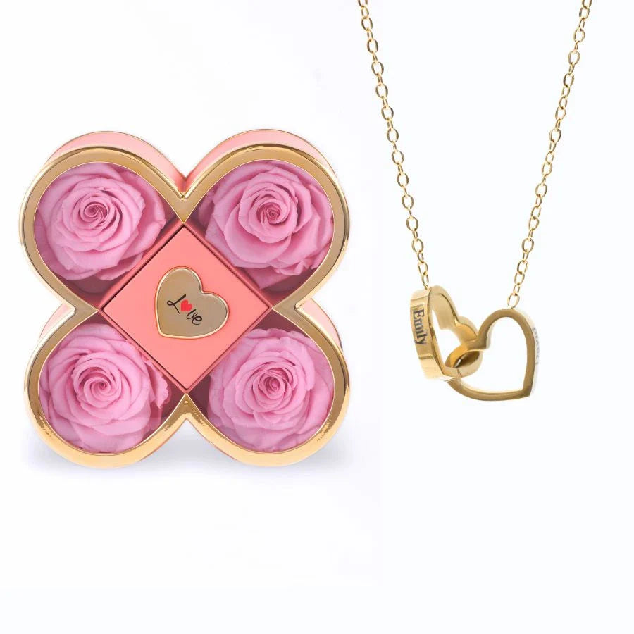 Caixa Amor de Quatro Rosas & Colar Personalizado