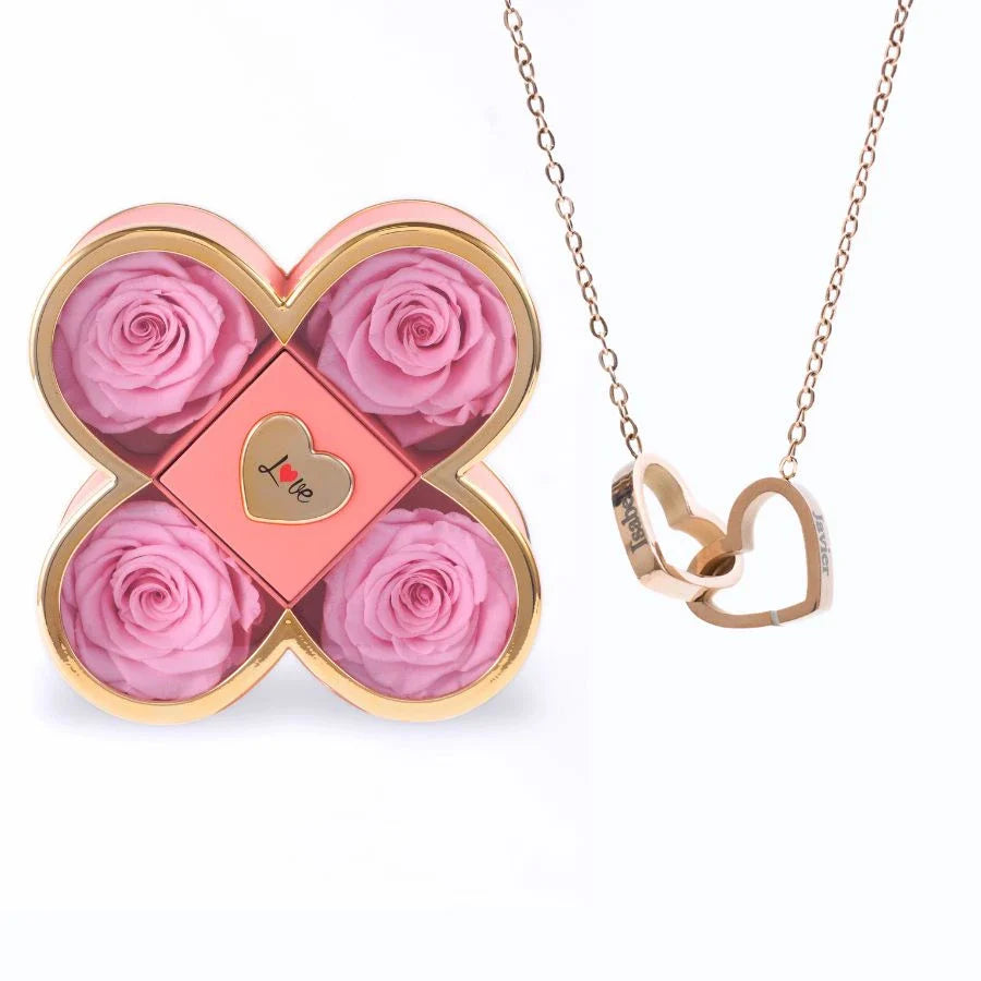Caixa Amor de Quatro Rosas & Colar Personalizado