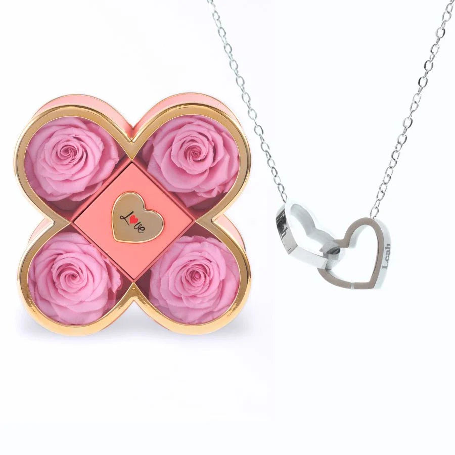 Caixa Amor de Quatro Rosas & Colar Personalizado
