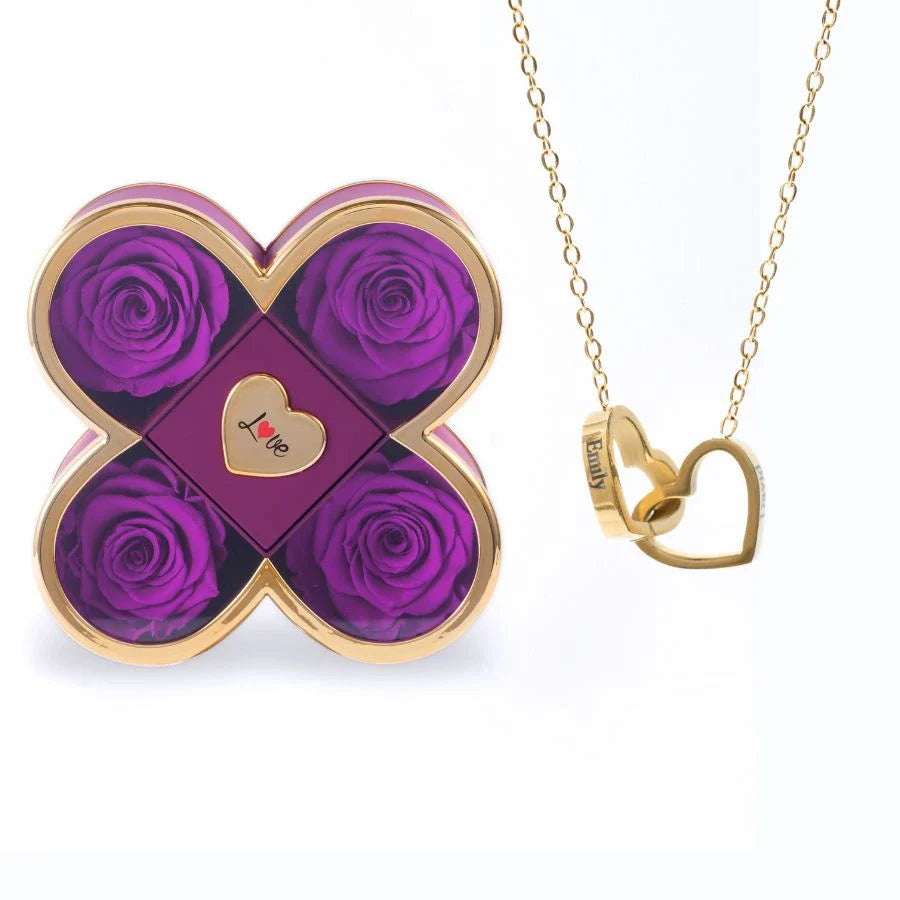 Caixa Amor de Quatro Rosas & Colar Personalizado