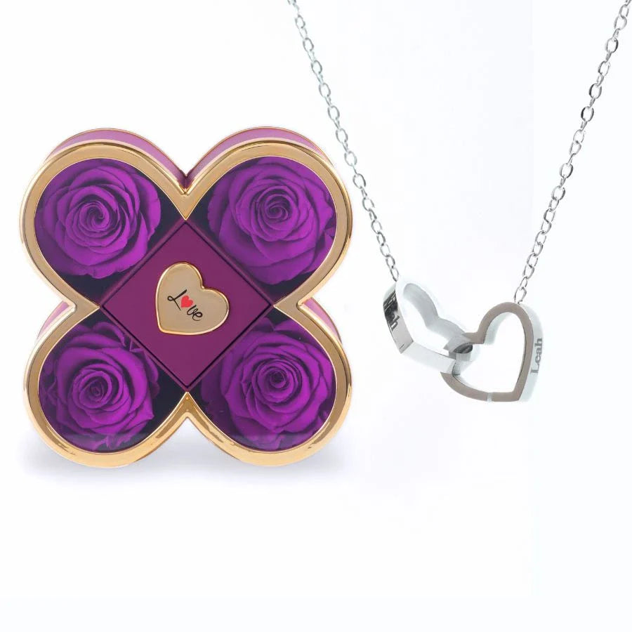 Caixa Amor de Quatro Rosas & Colar Personalizado