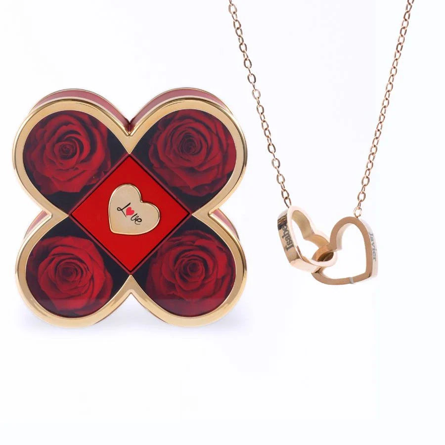Caixa Amor de Quatro Rosas & Colar Personalizado