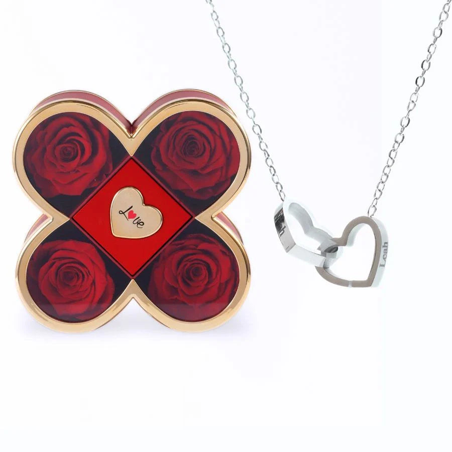 Caixa Amor de Quatro Rosas & Colar Personalizado