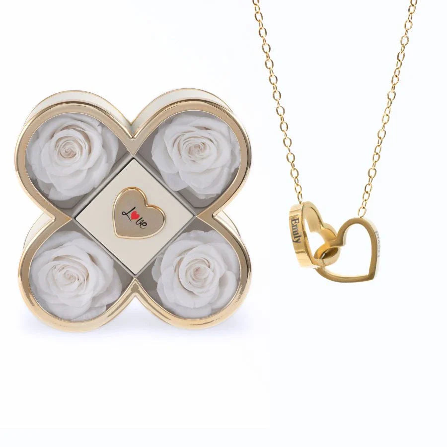 Caixa Amor de Quatro Rosas & Colar Personalizado