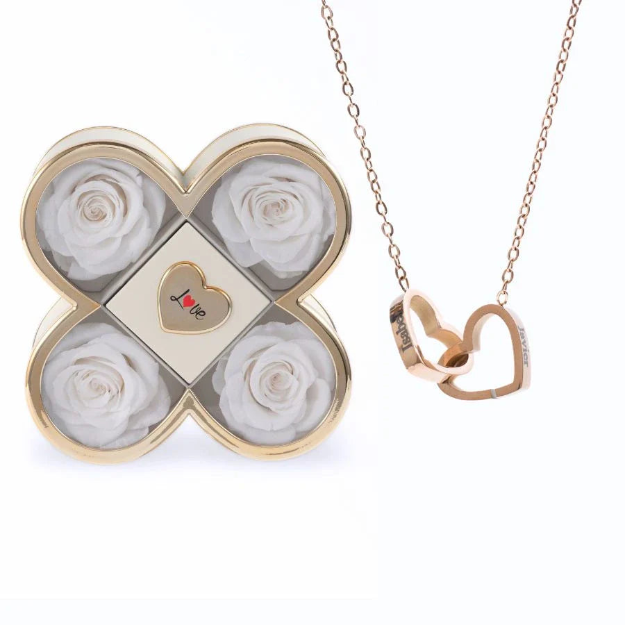 Caixa Amor de Quatro Rosas & Colar Personalizado
