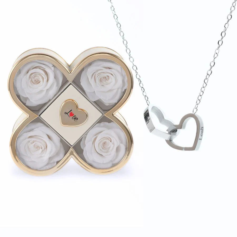 Caixa Amor de Quatro Rosas & Colar Personalizado