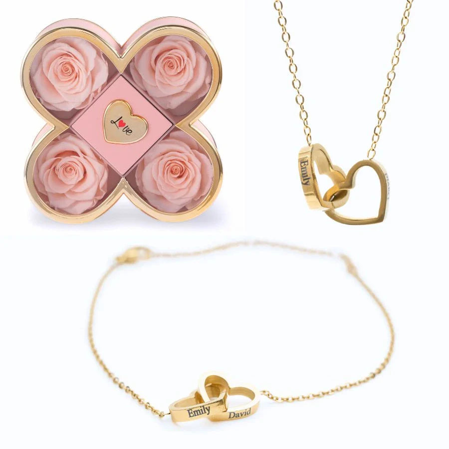 Caixa Amor de Quatro Rosas & Colar + Pulseira Personalizada