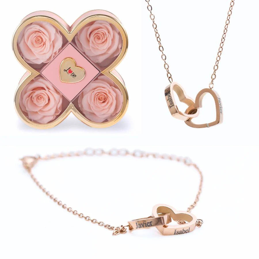 Caixa Amor de Quatro Rosas & Colar + Pulseira Personalizada
