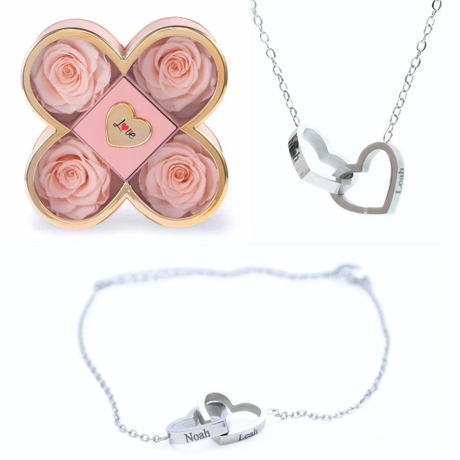 Caixa Amor de Quatro Rosas & Colar + Pulseira Personalizada