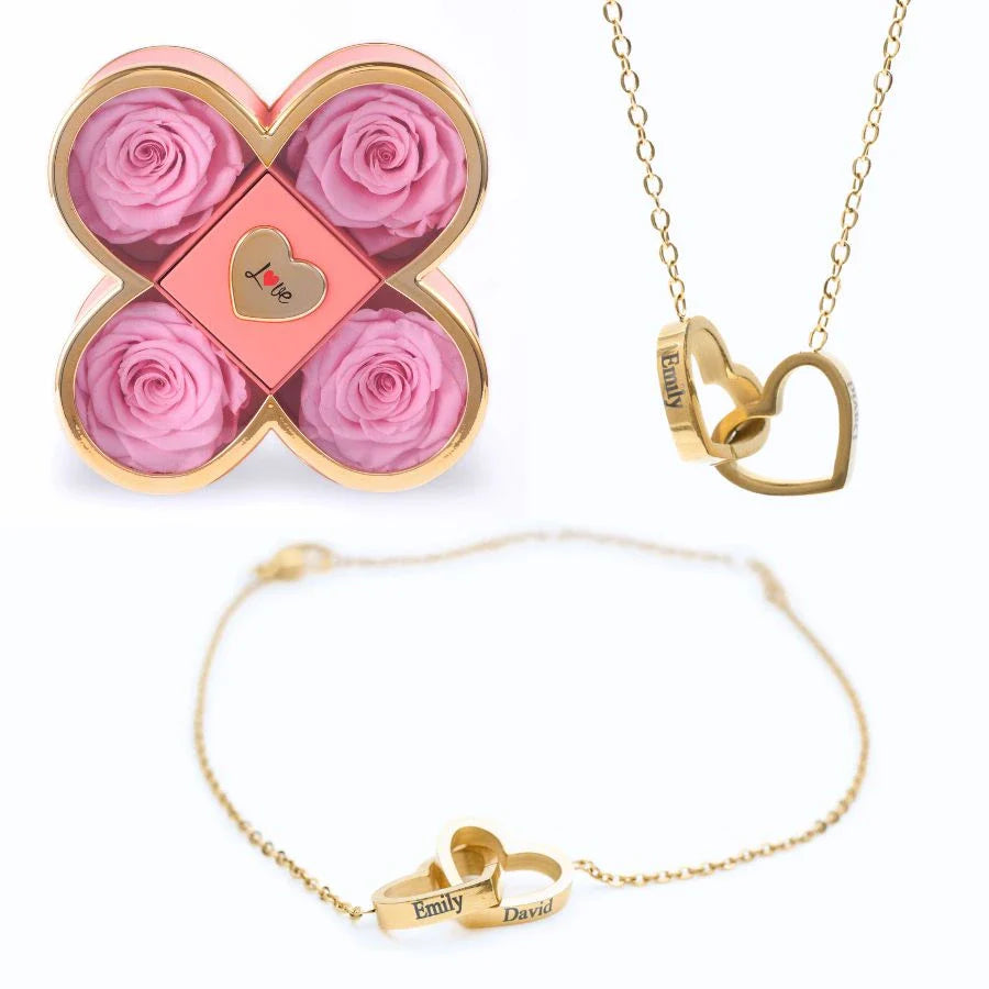 Caixa Amor de Quatro Rosas & Colar + Pulseira Personalizada