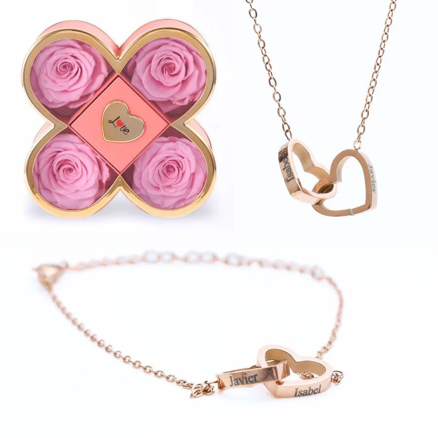 Caixa Amor de Quatro Rosas & Colar + Pulseira Personalizada