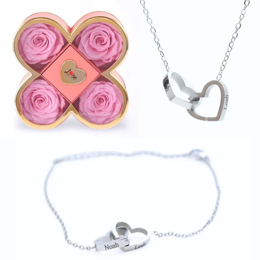 Caixa Amor de Quatro Rosas & Colar + Pulseira Personalizada
