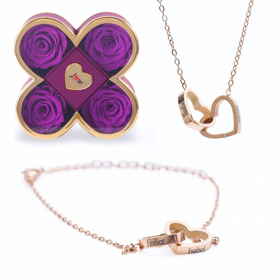 Caixa Amor de Quatro Rosas & Colar + Pulseira Personalizada