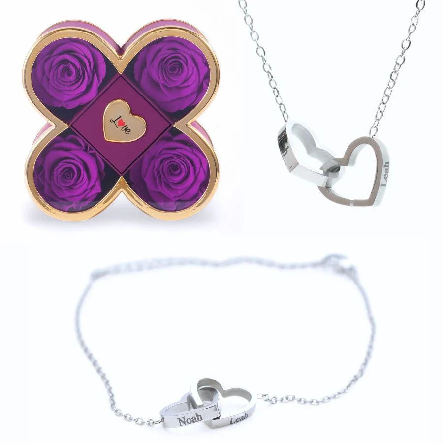 Caixa Amor de Quatro Rosas & Colar + Pulseira Personalizada