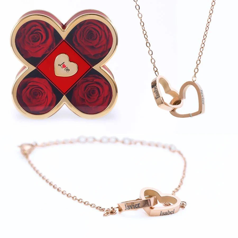 Caixa Amor de Quatro Rosas & Colar + Pulseira Personalizada