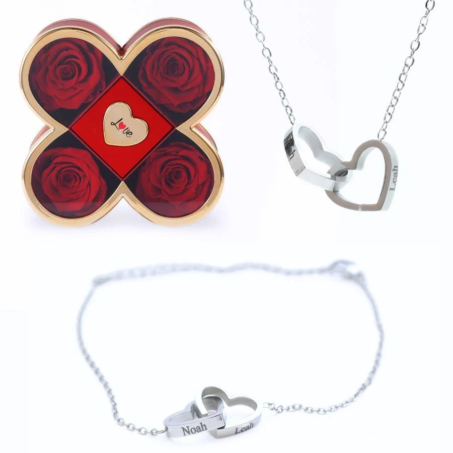 Caixa Amor de Quatro Rosas & Colar + Pulseira Personalizada