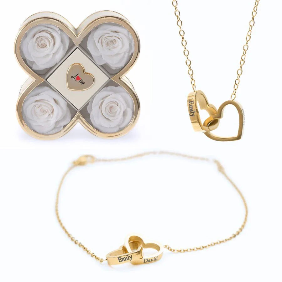 Caixa Amor de Quatro Rosas & Colar + Pulseira Personalizada