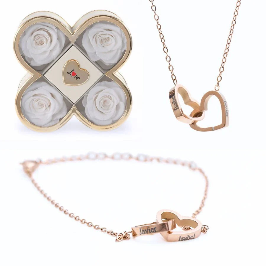 Caixa Amor de Quatro Rosas & Colar + Pulseira Personalizada