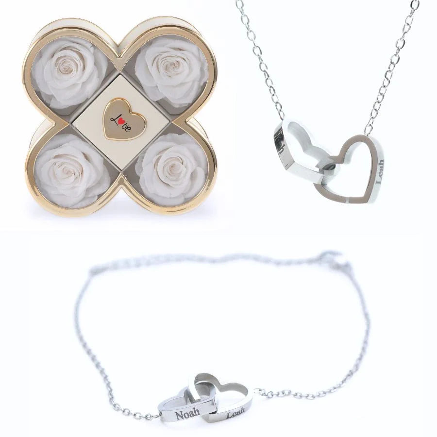 Caixa Amor de Quatro Rosas & Colar + Pulseira Personalizada