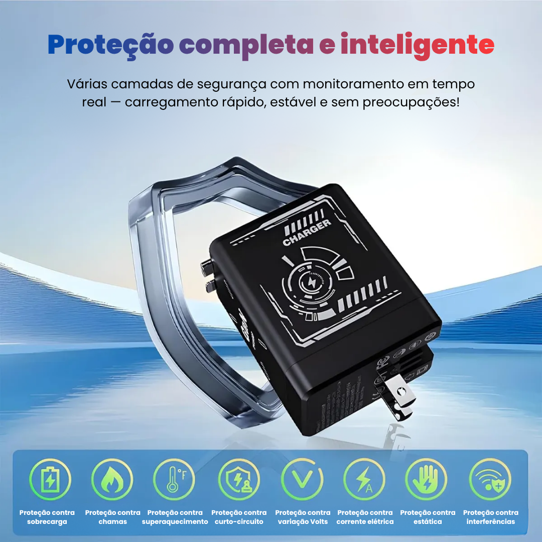 Carregador Ultra Rápido PowerBox GaN 20W - USB Duplo e Retráteis