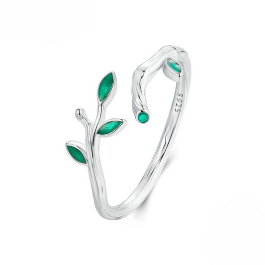 Anel Galho com Folhas Verdes Prata 925
