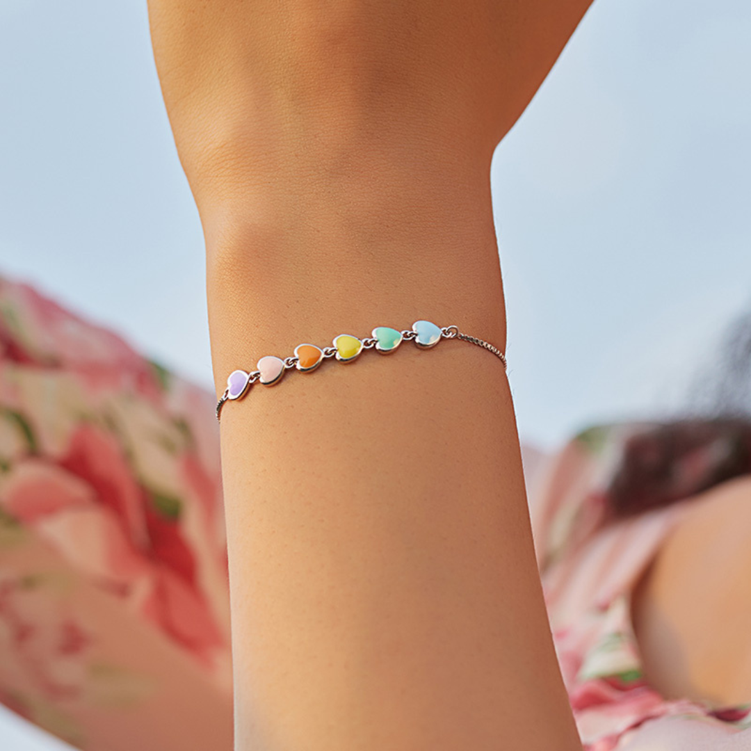 Pulseira Corações Coloridos Prata 925