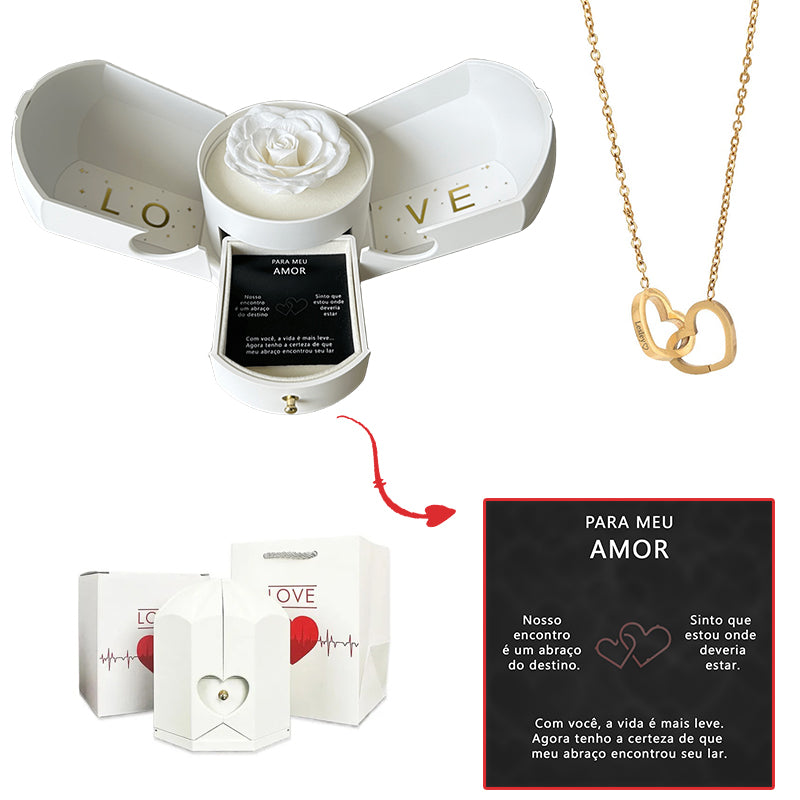 Caixa com Rosa Eterna & Colar Coração Personalizado