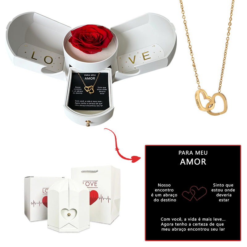 Caixa com Rosa Eterna & Colar Coração Personalizado