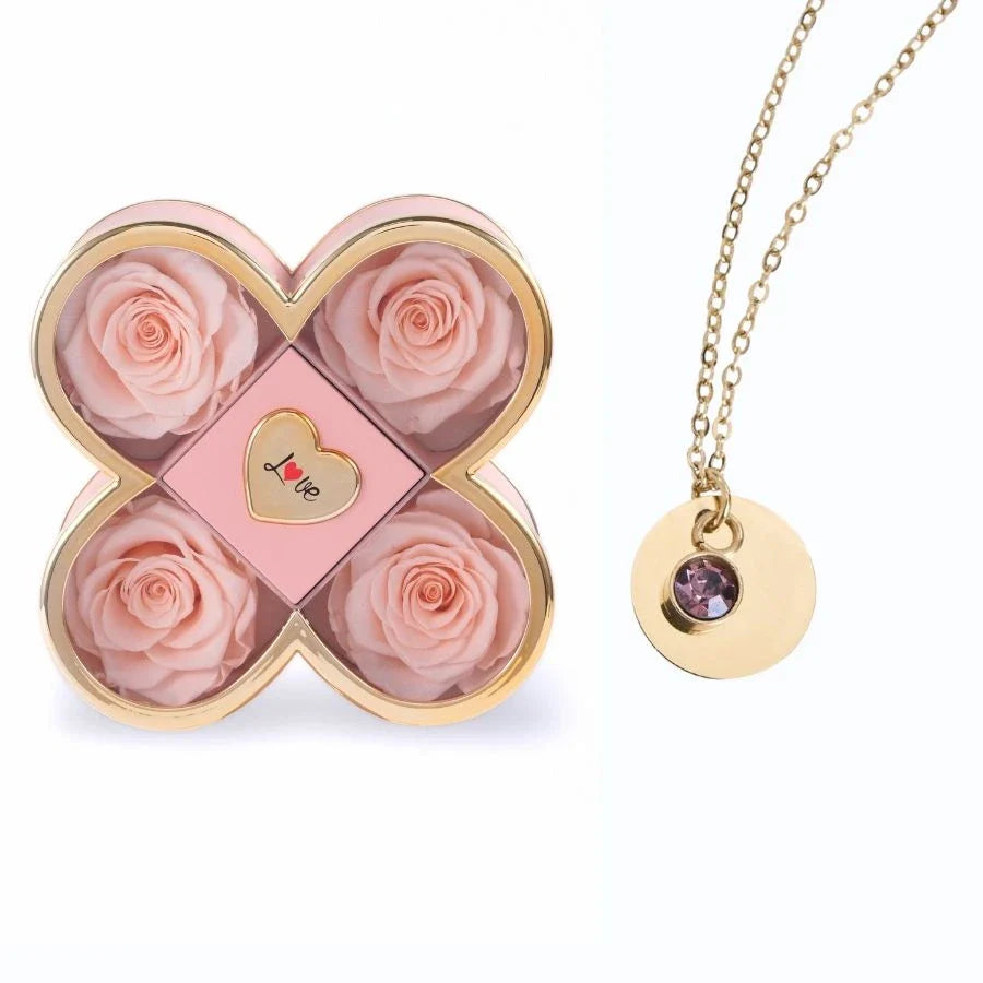 Caixa Amor de Quatro Rosas & Colar Gravado