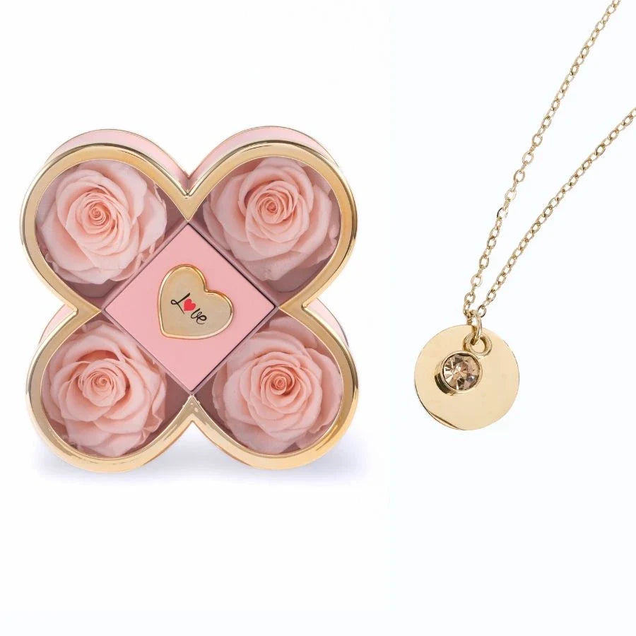 Caixa Amor de Quatro Rosas & Colar Gravado