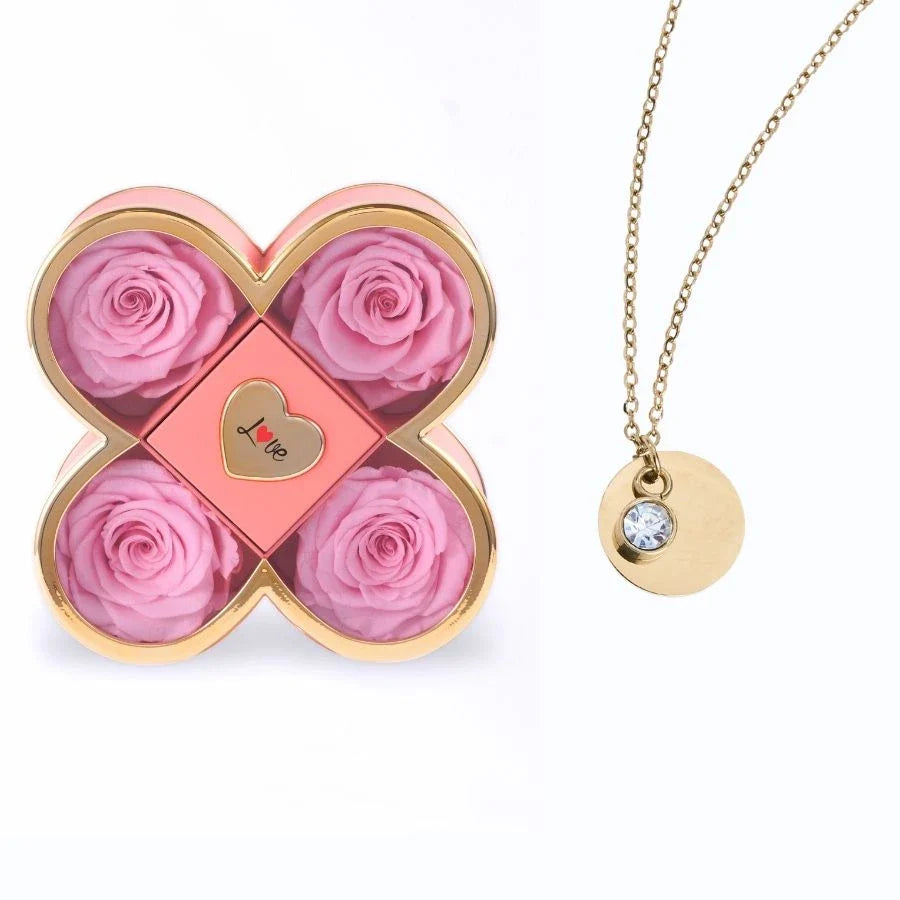 Caixa Amor de Quatro Rosas & Colar Gravado
